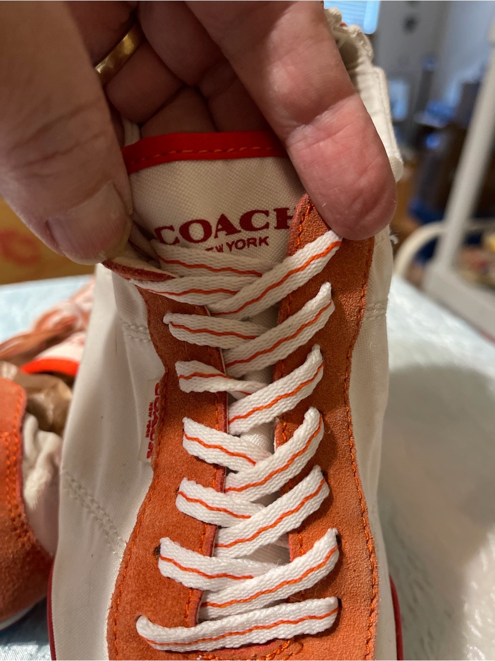Coach White and Orange Suede Lace-Up Sneaker - Picture 1 of 8